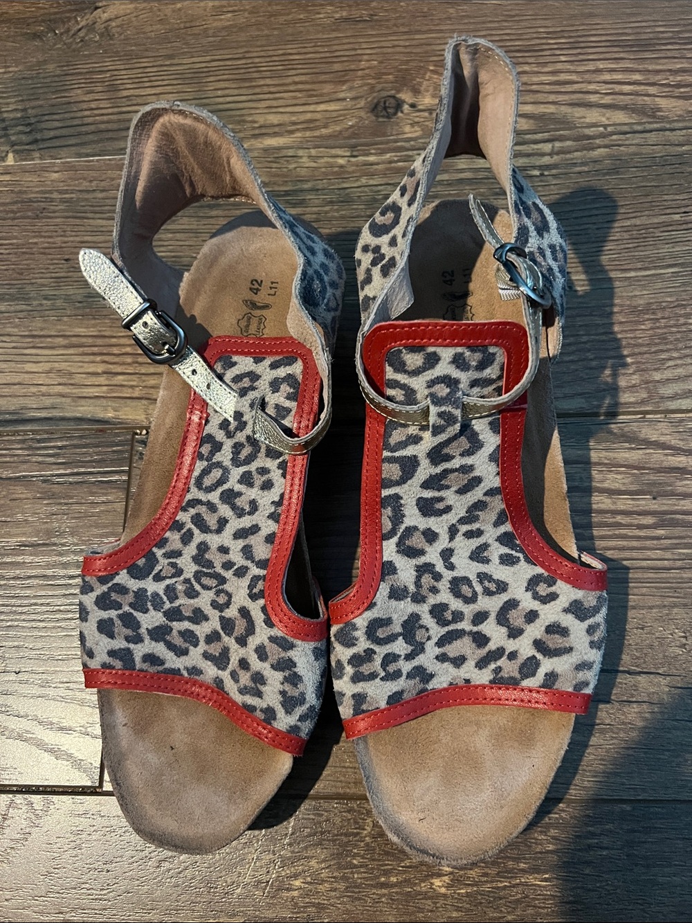 Naot Leopard Print Sandals with Red Trim
